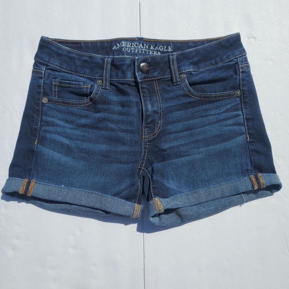 American Eagle Super Stretch Midi Jean Shorts Rolled Cuff Women's 4 Dark Wash